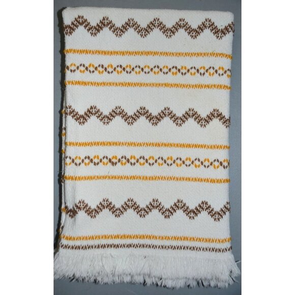 Vintage White Yellow & Brown Woven 45" X 32" Lap Throw Blanket Fringe Trim - Picture 5 of 5